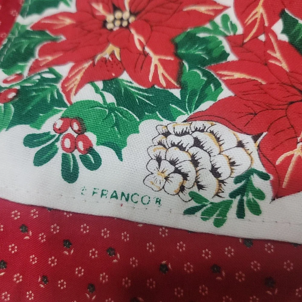 VTG Christmas Half Apron Red Ditsy Floral Poinsettia Graphic Pocket 